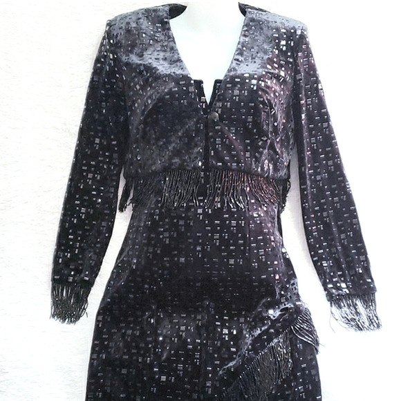 Black Beaded Velvet Leather Dress with Jacket 80s Vintage Italian Couture - Picture 13 of 15